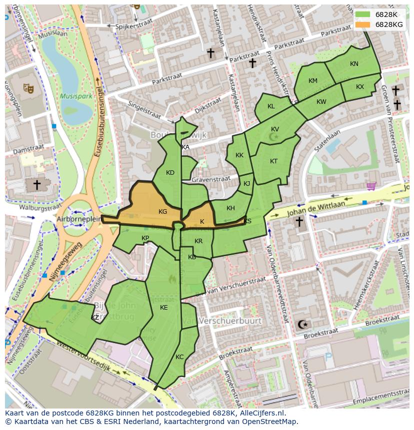Afbeelding van het postcodegebied 6828 KG op de kaart.