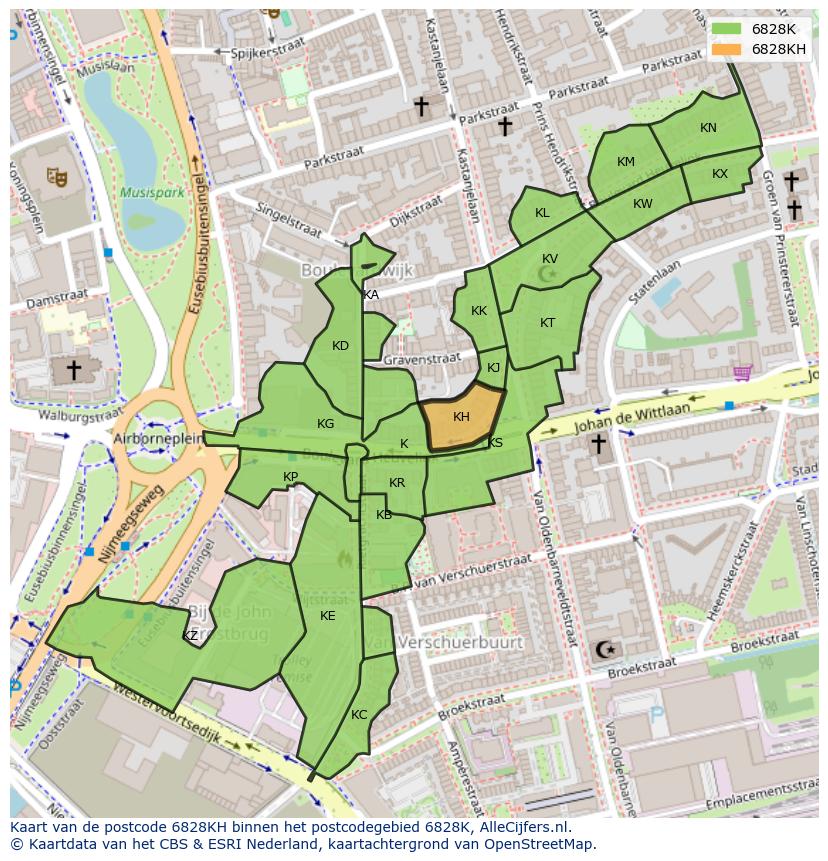 Afbeelding van het postcodegebied 6828 KH op de kaart.