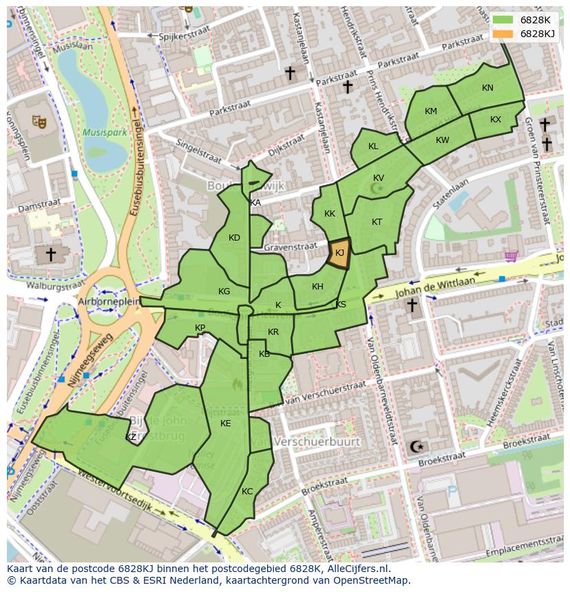 Afbeelding van het postcodegebied 6828 KJ op de kaart.