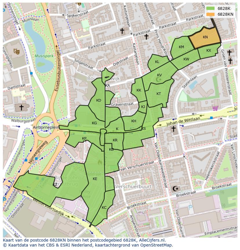 Afbeelding van het postcodegebied 6828 KN op de kaart.