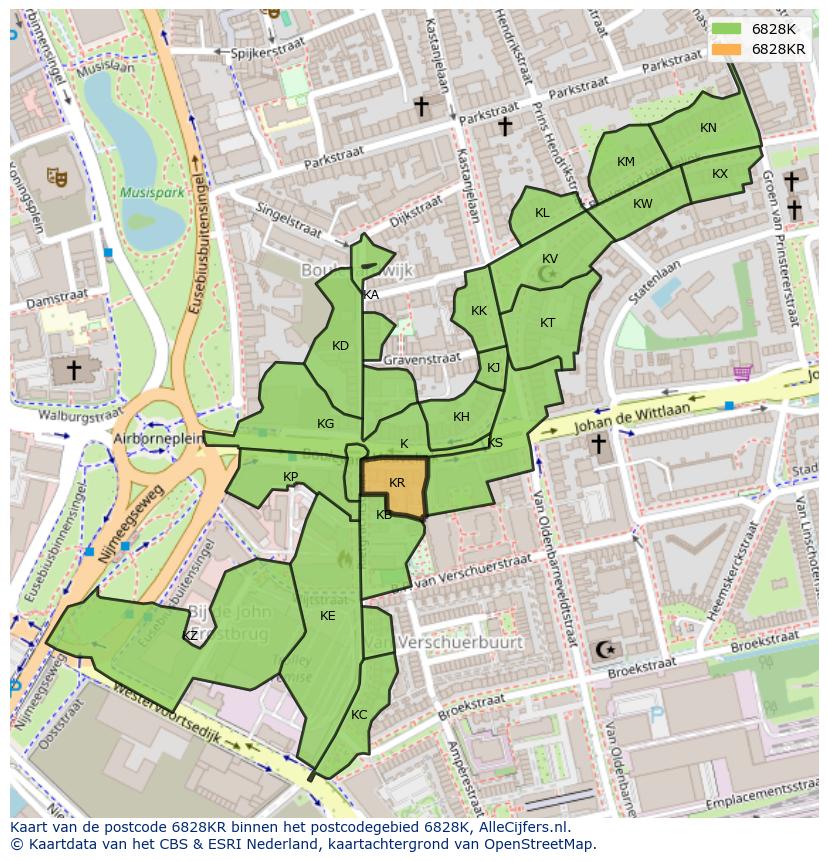 Afbeelding van het postcodegebied 6828 KR op de kaart.