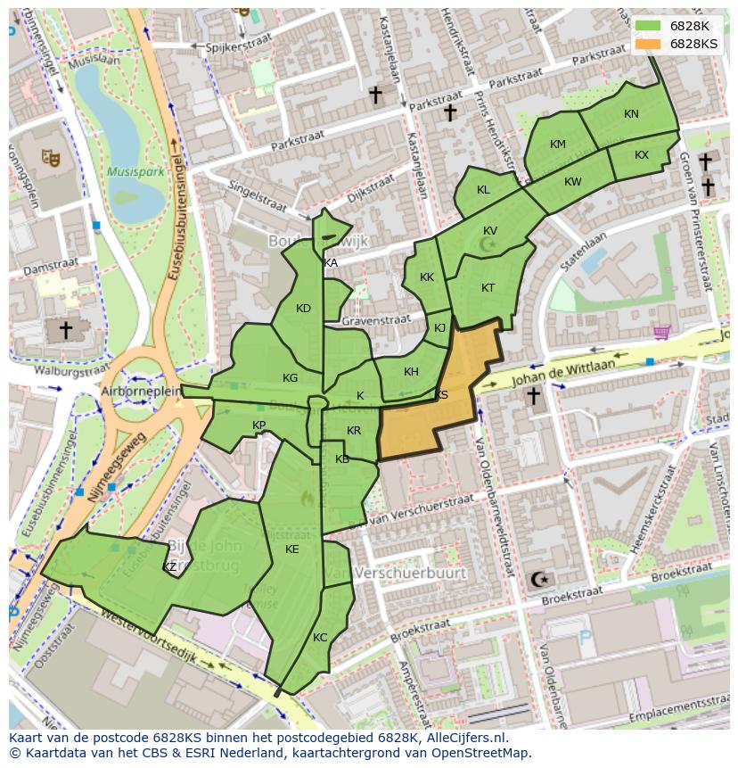 Afbeelding van het postcodegebied 6828 KS op de kaart.