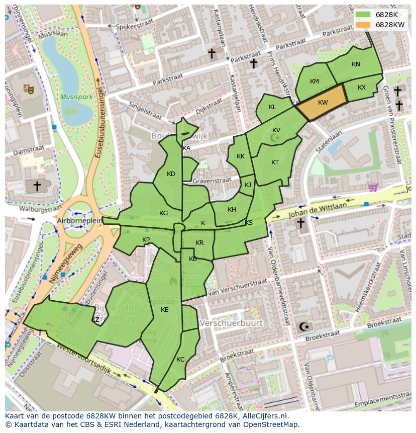 Afbeelding van het postcodegebied 6828 KW op de kaart.