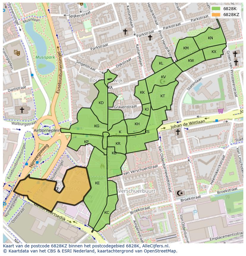 Afbeelding van het postcodegebied 6828 KZ op de kaart.