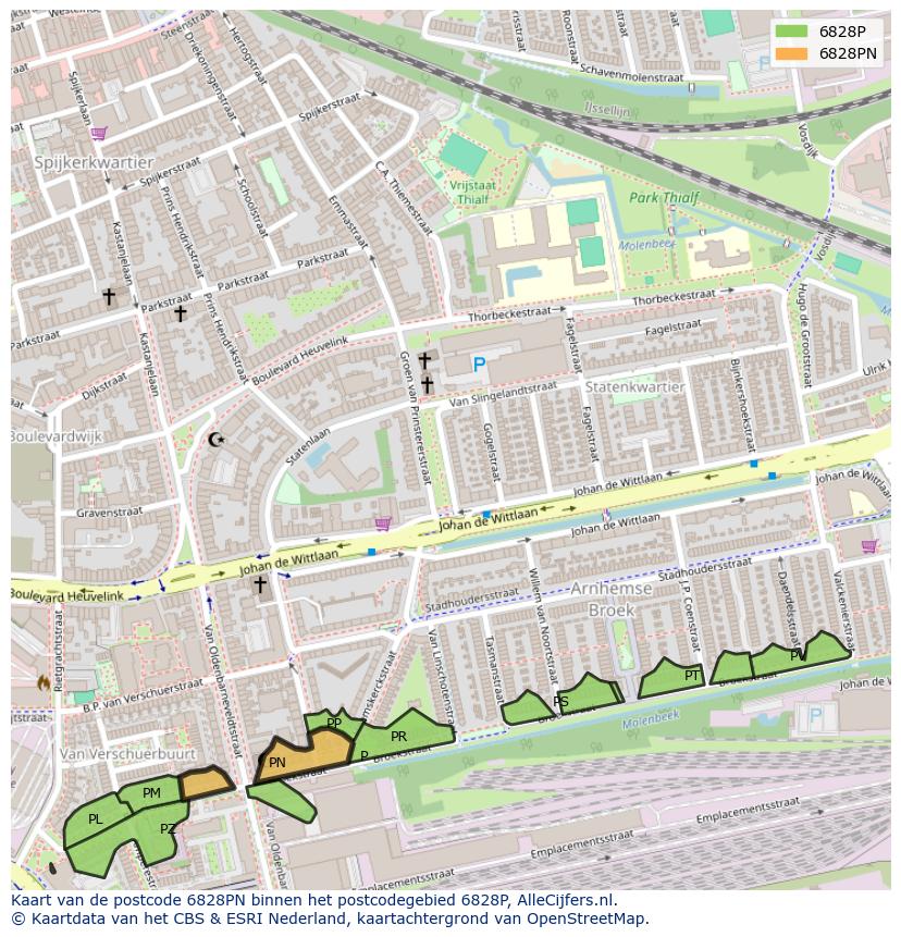 Afbeelding van het postcodegebied 6828 PN op de kaart.