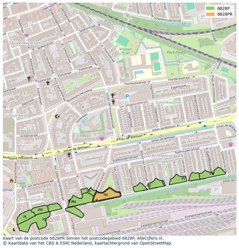 Afbeelding van het postcodegebied 6828 PR op de kaart.