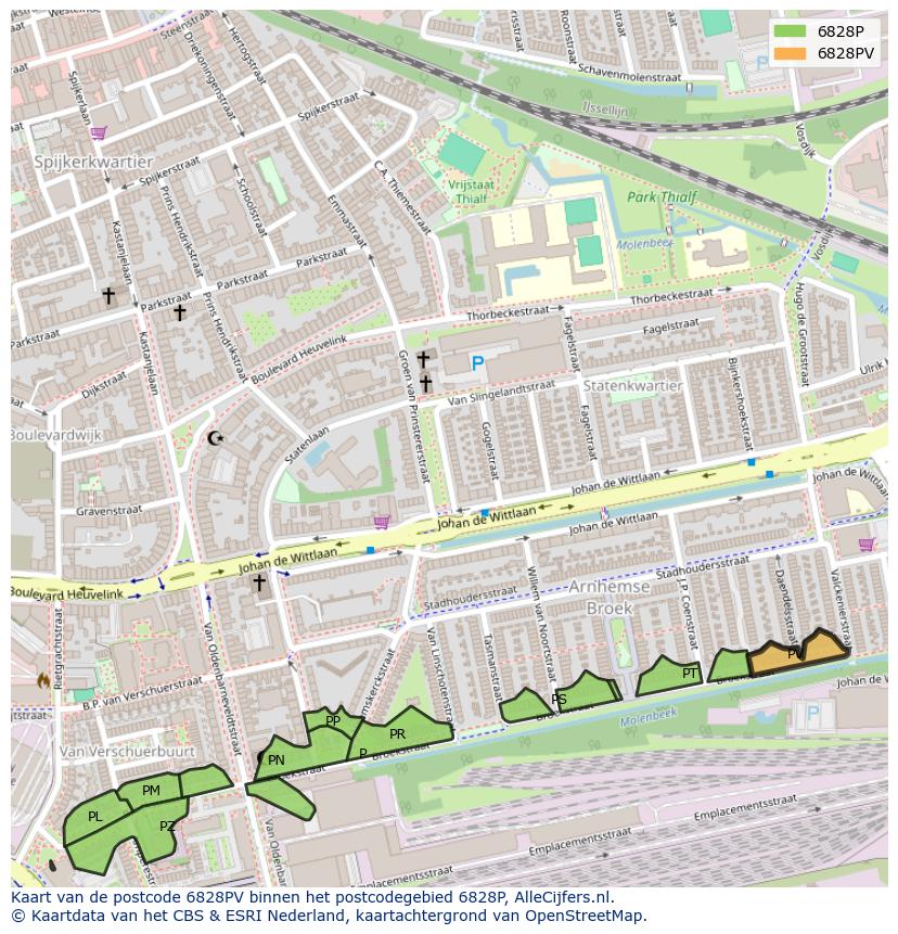 Afbeelding van het postcodegebied 6828 PV op de kaart.