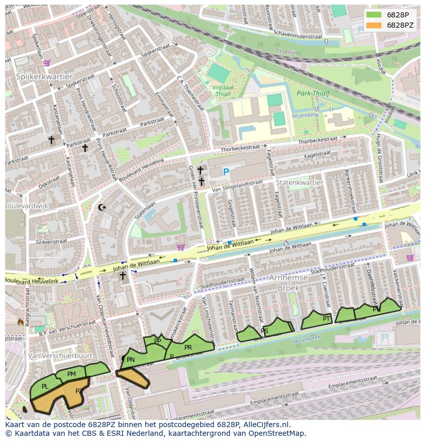Afbeelding van het postcodegebied 6828 PZ op de kaart.