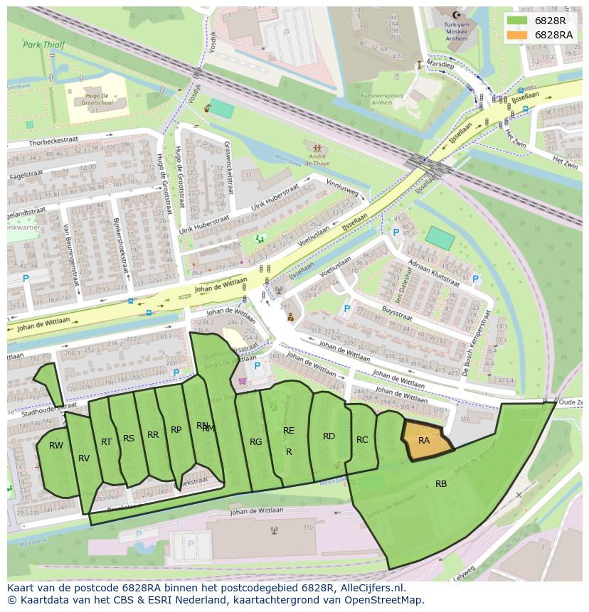 Afbeelding van het postcodegebied 6828 RA op de kaart.