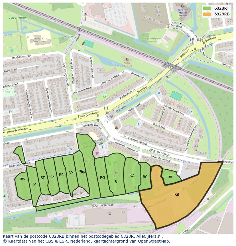 Afbeelding van het postcodegebied 6828 RB op de kaart.