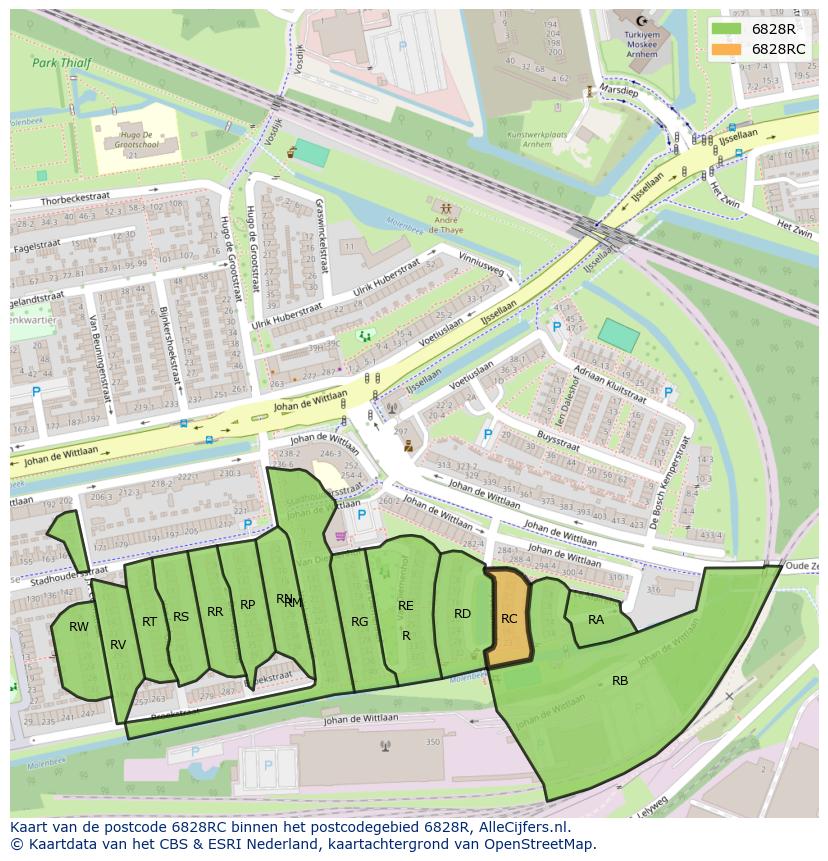 Afbeelding van het postcodegebied 6828 RC op de kaart.