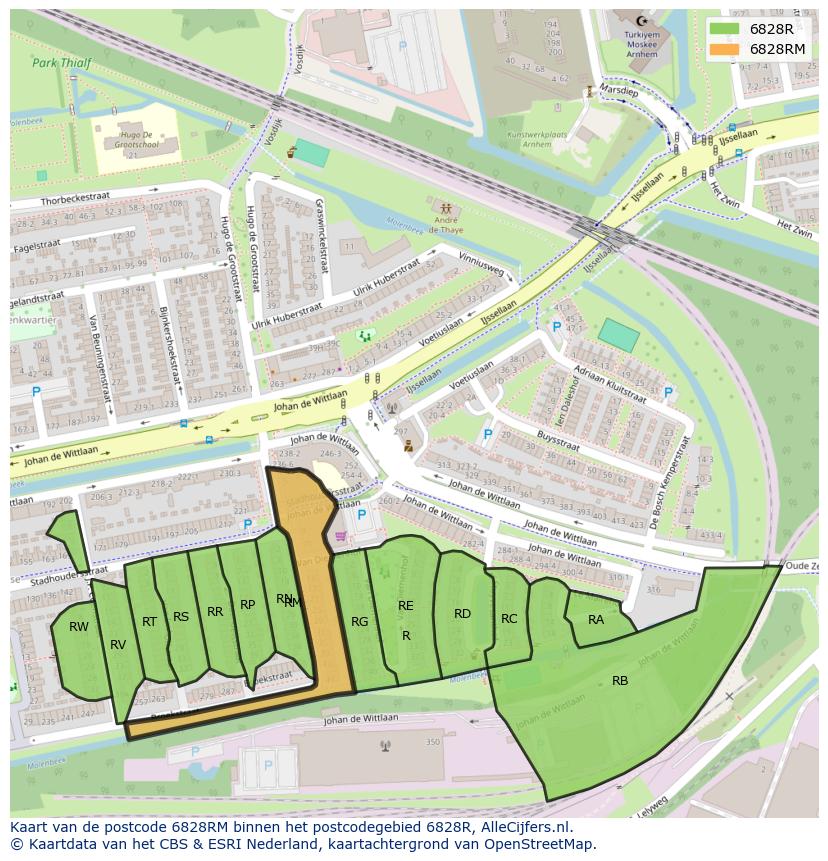 Afbeelding van het postcodegebied 6828 RM op de kaart.
