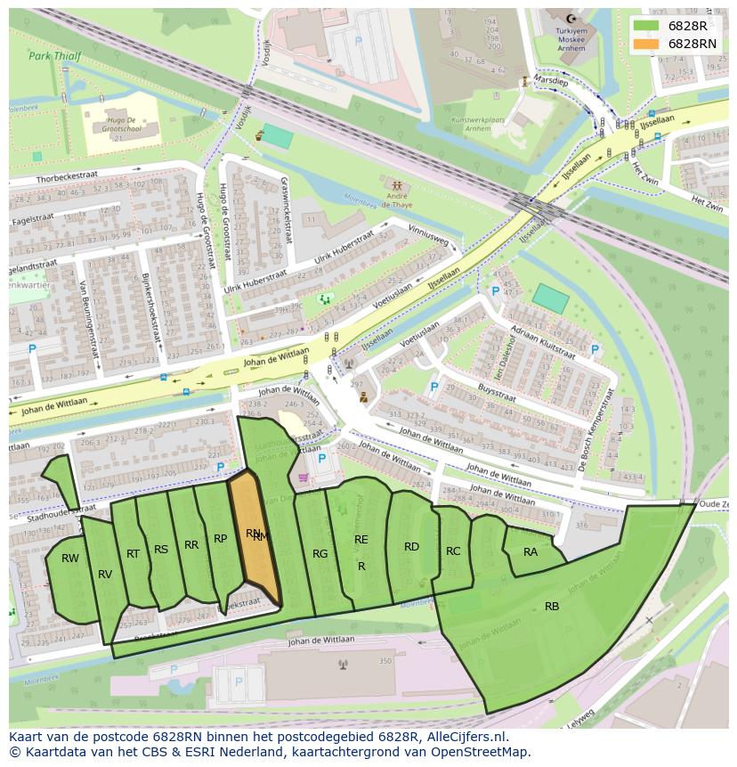 Afbeelding van het postcodegebied 6828 RN op de kaart.
