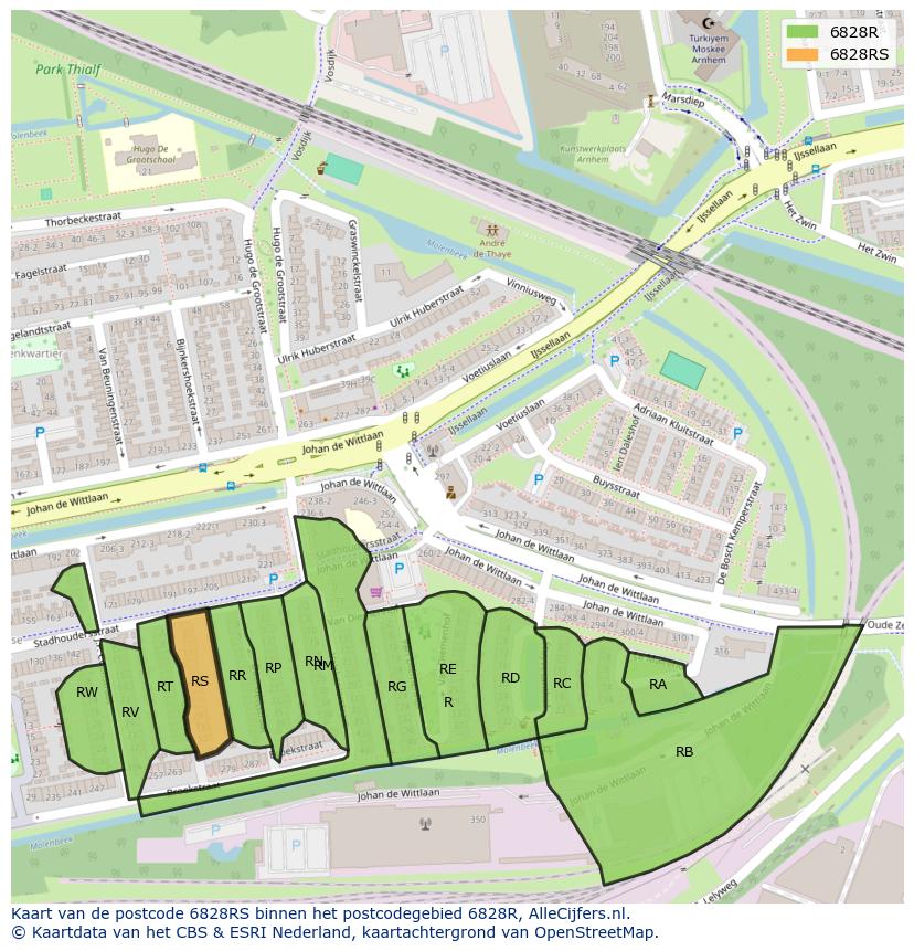 Afbeelding van het postcodegebied 6828 RS op de kaart.