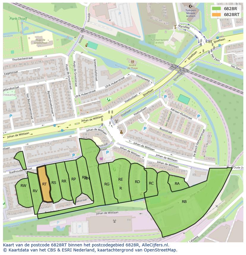 Afbeelding van het postcodegebied 6828 RT op de kaart.