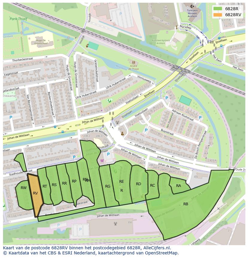 Afbeelding van het postcodegebied 6828 RV op de kaart.
