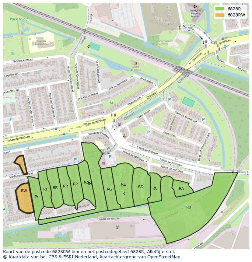 Afbeelding van het postcodegebied 6828 RW op de kaart.