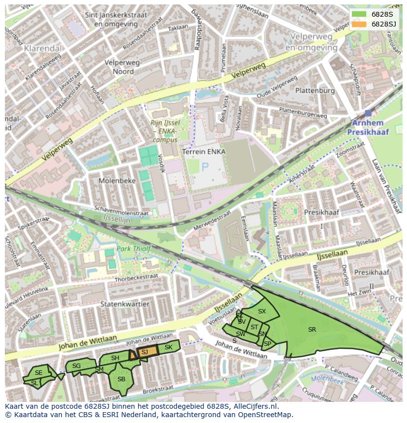 Afbeelding van het postcodegebied 6828 SJ op de kaart.