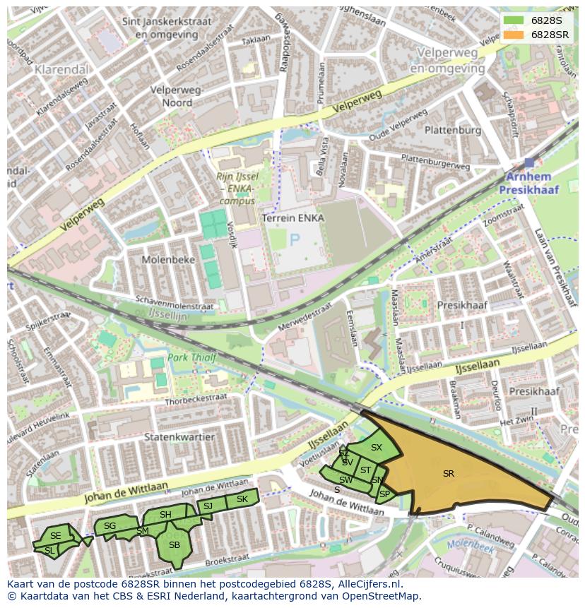 Afbeelding van het postcodegebied 6828 SR op de kaart.