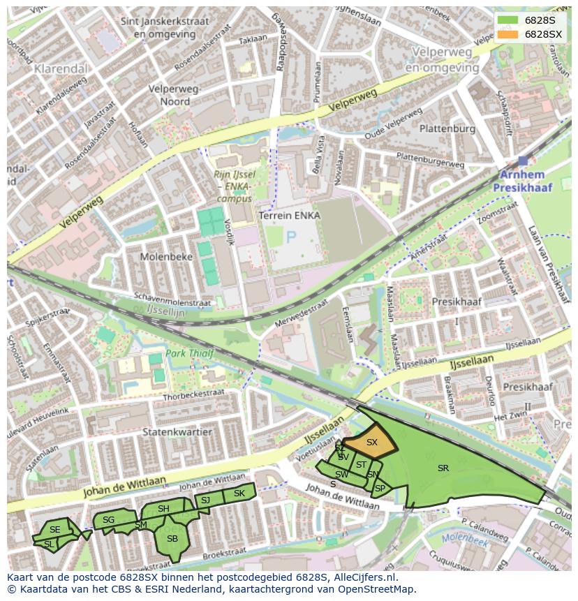Afbeelding van het postcodegebied 6828 SX op de kaart.