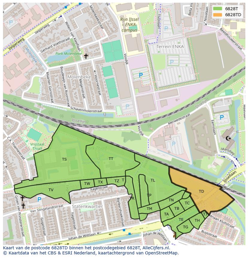 Afbeelding van het postcodegebied 6828 TD op de kaart.