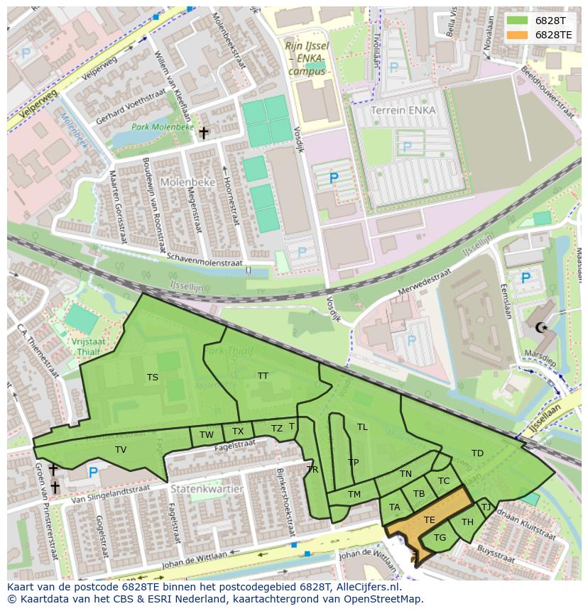 Afbeelding van het postcodegebied 6828 TE op de kaart.