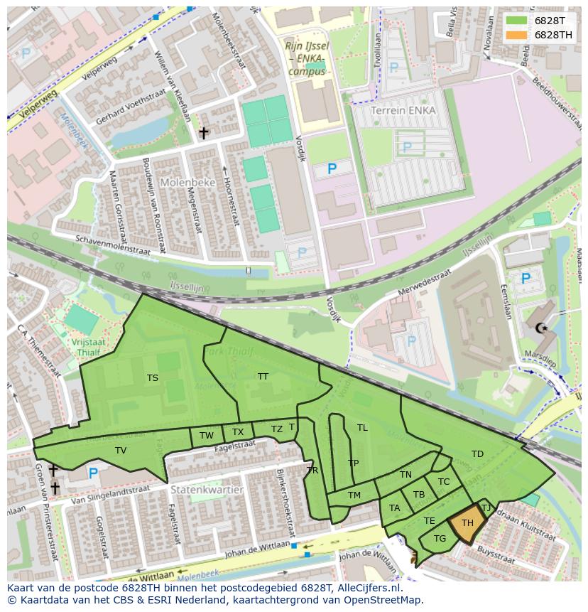 Afbeelding van het postcodegebied 6828 TH op de kaart.