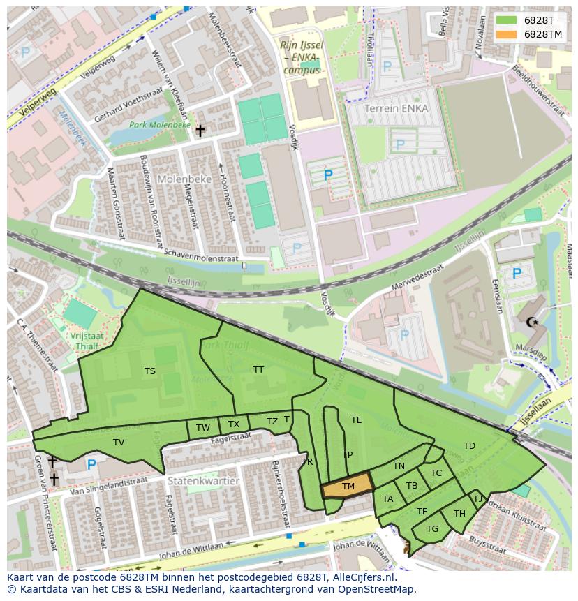 Afbeelding van het postcodegebied 6828 TM op de kaart.