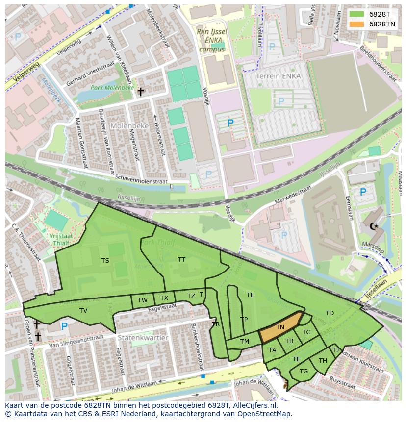 Afbeelding van het postcodegebied 6828 TN op de kaart.