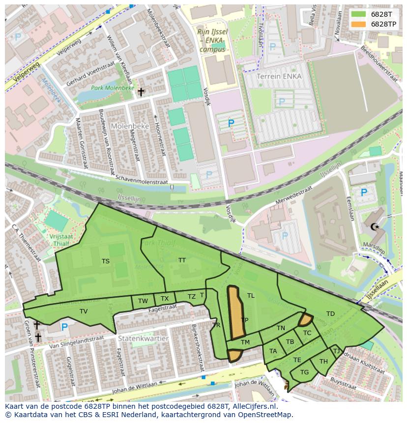 Afbeelding van het postcodegebied 6828 TP op de kaart.