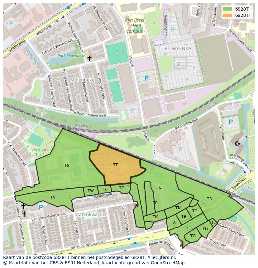 Afbeelding van het postcodegebied 6828 TT op de kaart.