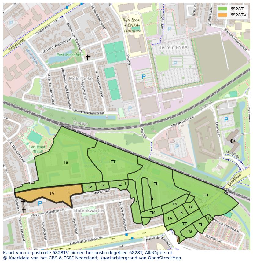 Afbeelding van het postcodegebied 6828 TV op de kaart.