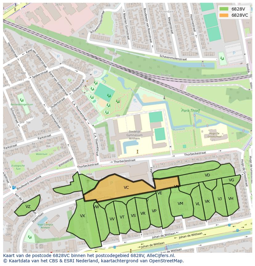 Afbeelding van het postcodegebied 6828 VC op de kaart.