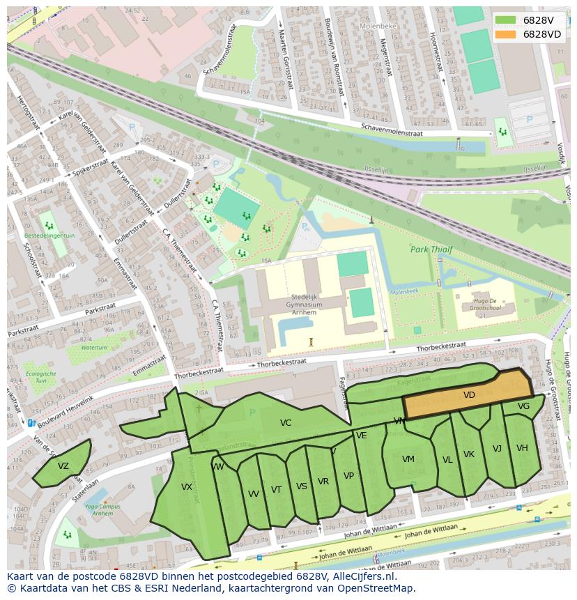 Afbeelding van het postcodegebied 6828 VD op de kaart.