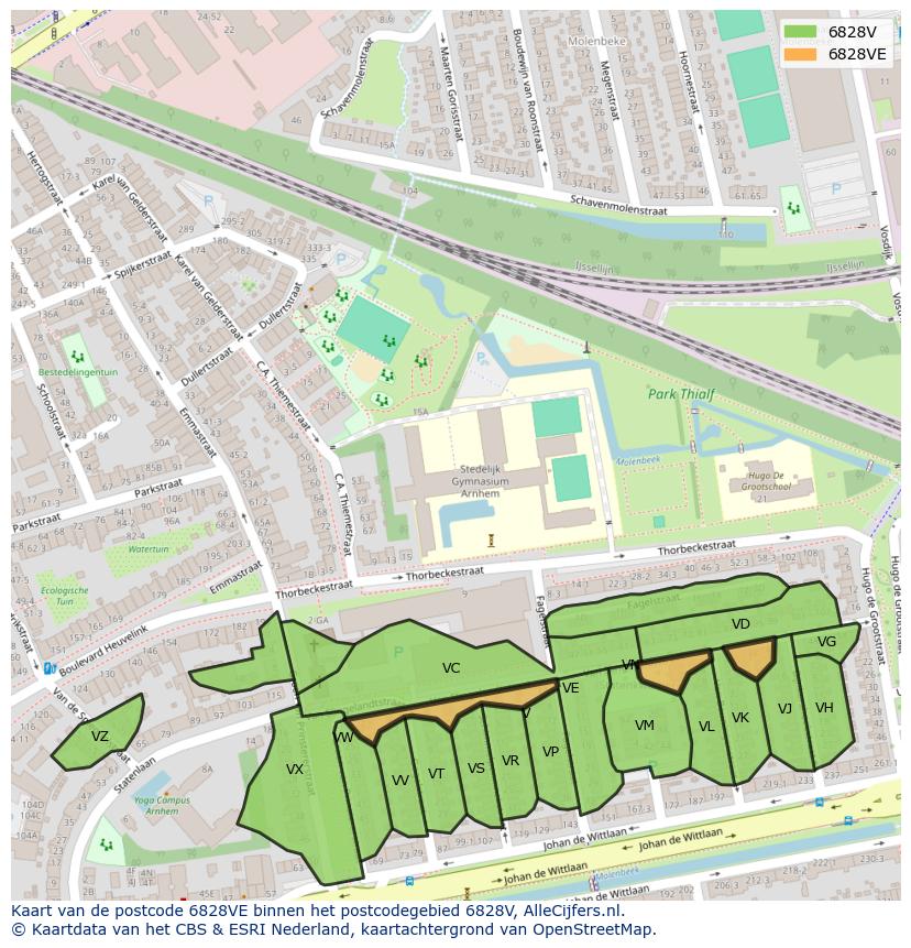 Afbeelding van het postcodegebied 6828 VE op de kaart.