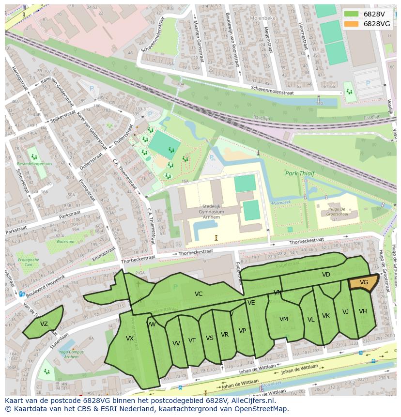 Afbeelding van het postcodegebied 6828 VG op de kaart.