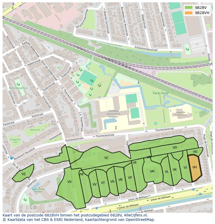 Afbeelding van het postcodegebied 6828 VH op de kaart.