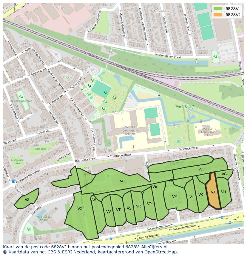 Afbeelding van het postcodegebied 6828 VJ op de kaart.