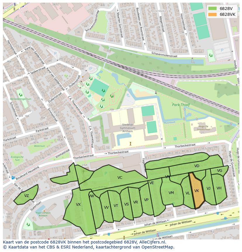 Afbeelding van het postcodegebied 6828 VK op de kaart.
