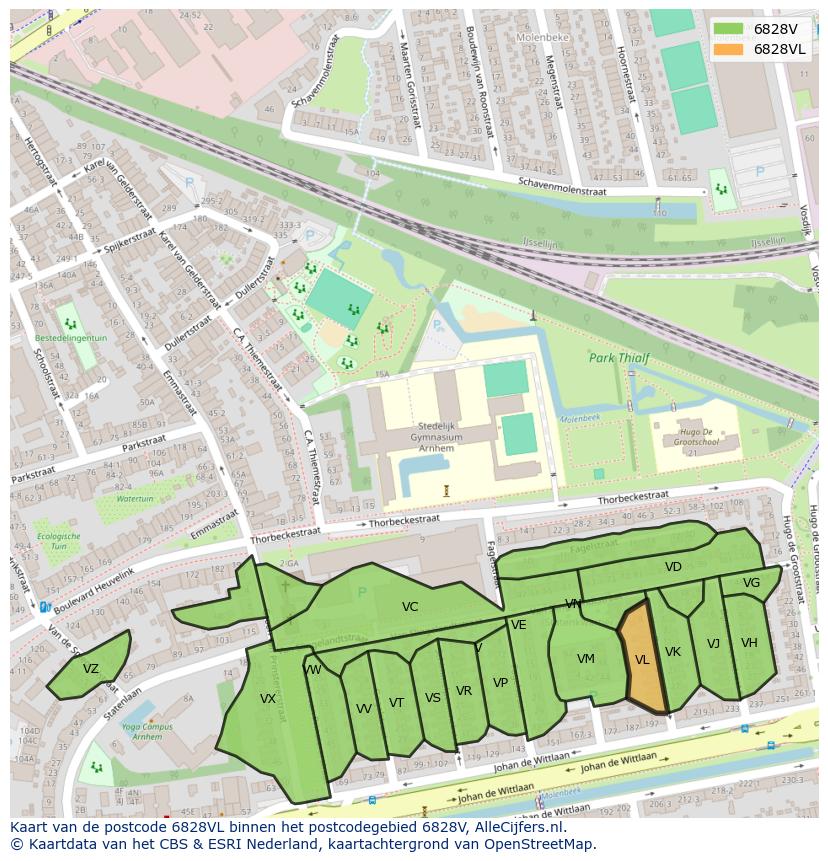 Afbeelding van het postcodegebied 6828 VL op de kaart.