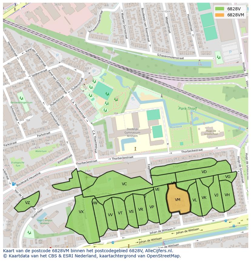 Afbeelding van het postcodegebied 6828 VM op de kaart.