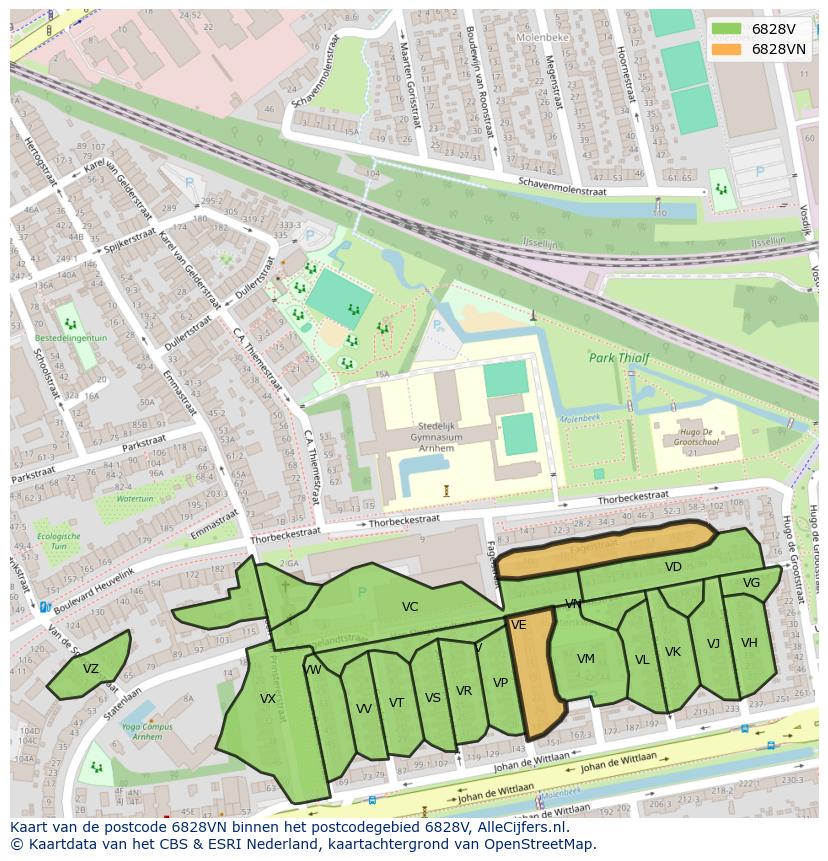Afbeelding van het postcodegebied 6828 VN op de kaart.