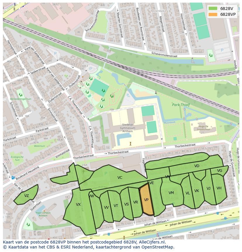 Afbeelding van het postcodegebied 6828 VP op de kaart.
