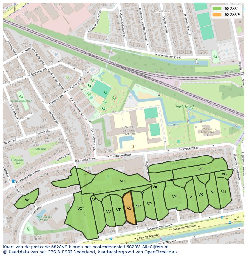 Afbeelding van het postcodegebied 6828 VS op de kaart.