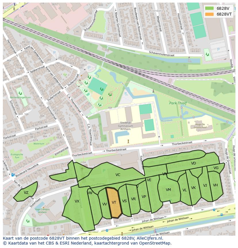 Afbeelding van het postcodegebied 6828 VT op de kaart.
