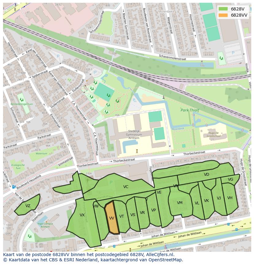 Afbeelding van het postcodegebied 6828 VV op de kaart.
