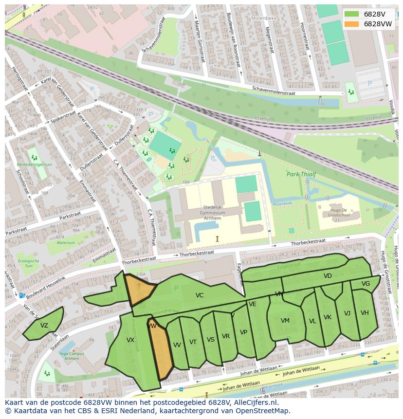 Afbeelding van het postcodegebied 6828 VW op de kaart.