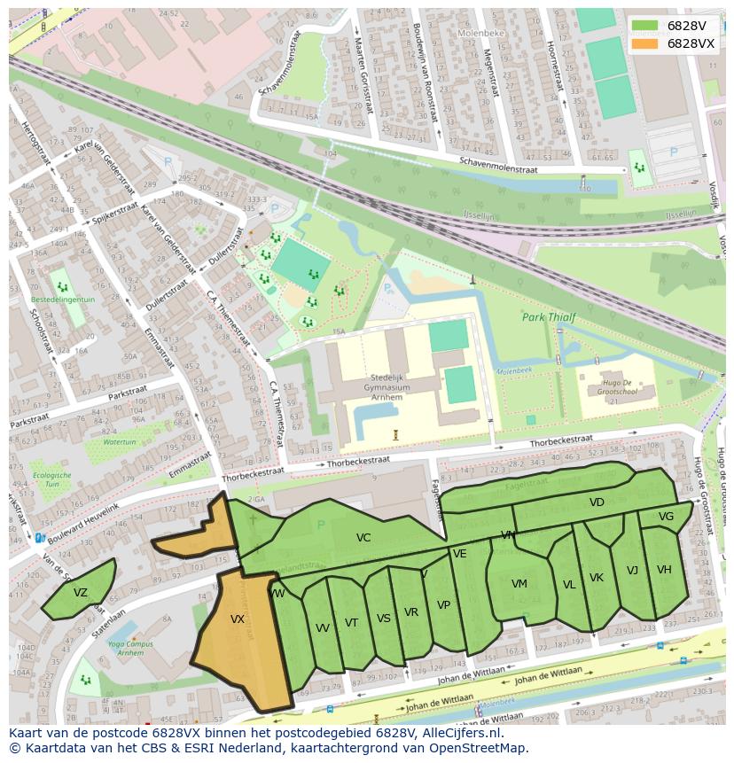 Afbeelding van het postcodegebied 6828 VX op de kaart.