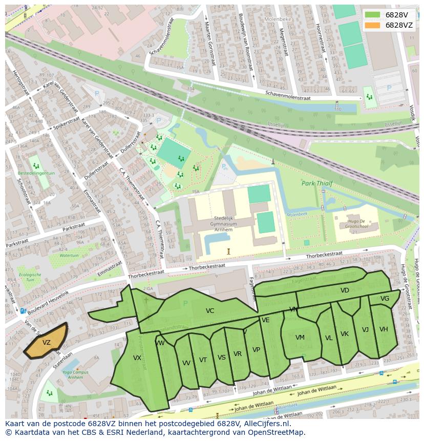 Afbeelding van het postcodegebied 6828 VZ op de kaart.