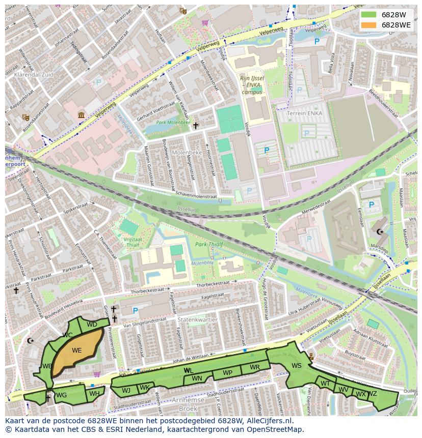Afbeelding van het postcodegebied 6828 WE op de kaart.